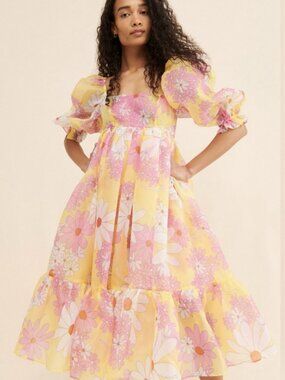 Selkie Floral French Puff Dress Sz Small S | Yellow Pink